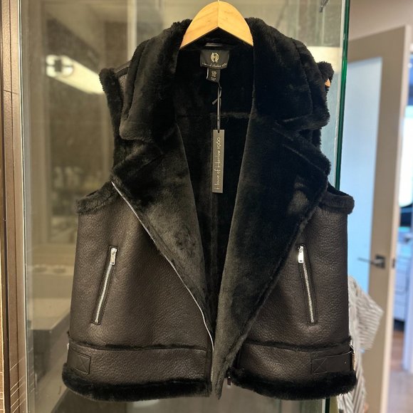 House Of Harlow 1960 Moto Faux Fur + Faux Leather Vest (Black) - Picture 11 of 16